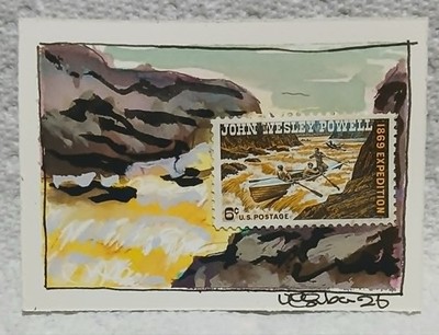 Postal Whimsy OOAK 6¢ Powell Expedition Stamp ACEO Canyon Landscape  Colorado