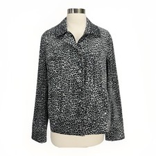 Chicos Sz 2 Trucker Jacket L Black Gray Leopard Print Velveteen Full Zip FLAW
