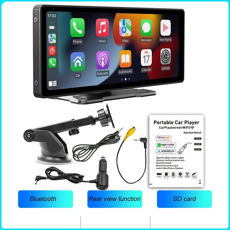 Écran Carplay sans fil autonome avec caméra de recul arrière HD grand angle de 9 pouces