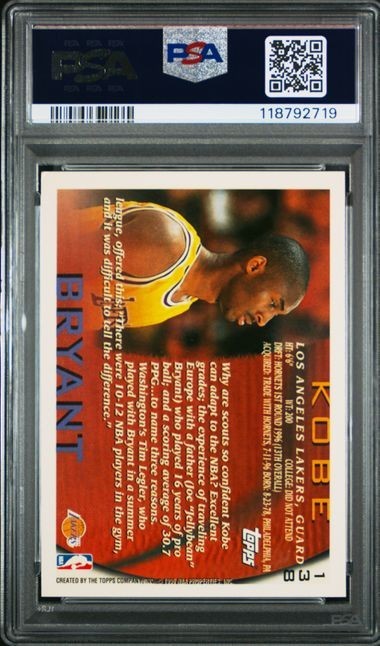 【NBA】Kobe Bryant 1996 Topps #138RC PSA9 1996 Topps #138 Kobe Bryant Rookie Card RC PSA 9 MINT Lakers
