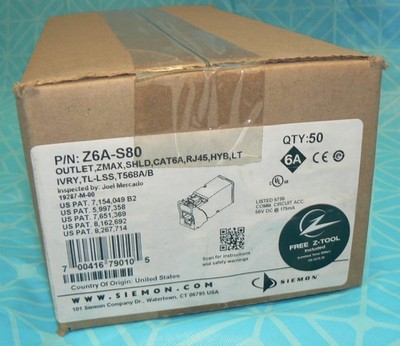Siemon Z6A-S80 Z-MAX Cat6A Shielded RJ45 Outlet, light ivory, 50 new in box
