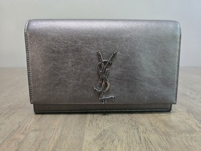 YSL Saint Laurent Kate Small Metallic Gunmetal Grey Wallet on