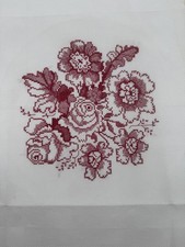 Vintage Hand Stitched Red on White Floral Cross Stitch Embroidery Complete