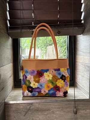 Artisan Floral Embroidered Tote Bag Colorful Flowers Preloved Artisan Retro - Image 1 of 4