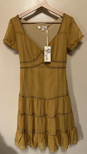 NWT Aryeh Anthropolgie Mustard Tiered Dress Black Embroidered Short Sleeve Sz M