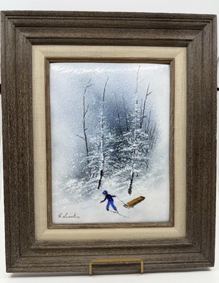 Vintage Carol Simkin Enamel On Copper Painting Snowy Sled Scene 