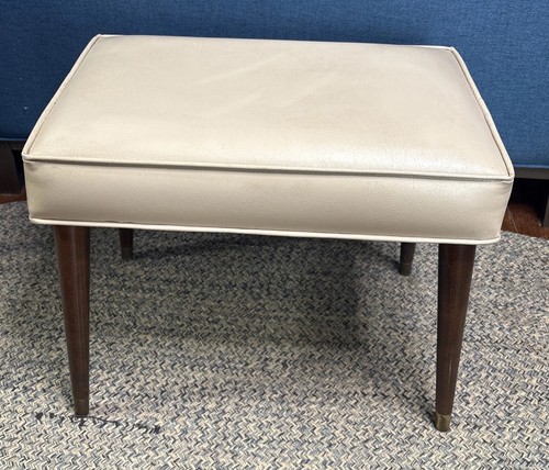 VTG Mid Century Modern Footstool Ottoman Seat Vinyl Beige Tapered Leg Beige MCM