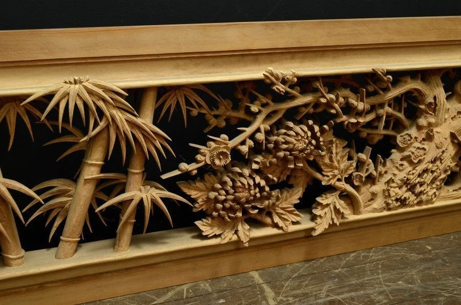 Antiguo par de paneles Ranma japoneses diseño Shikunshi talla en madera de 182 cm de Japón Foto 3 de 4