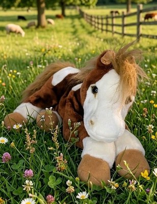 Realistic Brown & White Paint Horse PlushLying Down Pinto Pony 15''