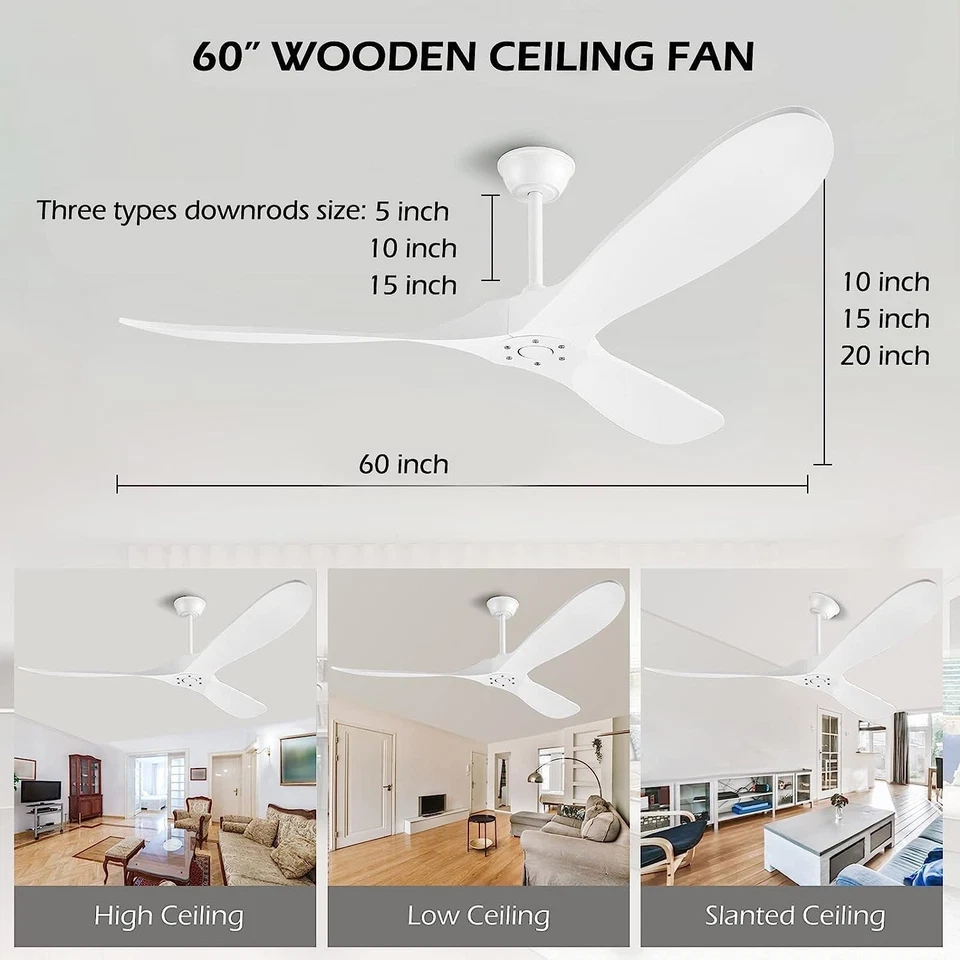 60 Inch White Ceiling Fan No Light ,Wood Indoor Outdoor Ceiling Fans for Patios - Image 3 of 4