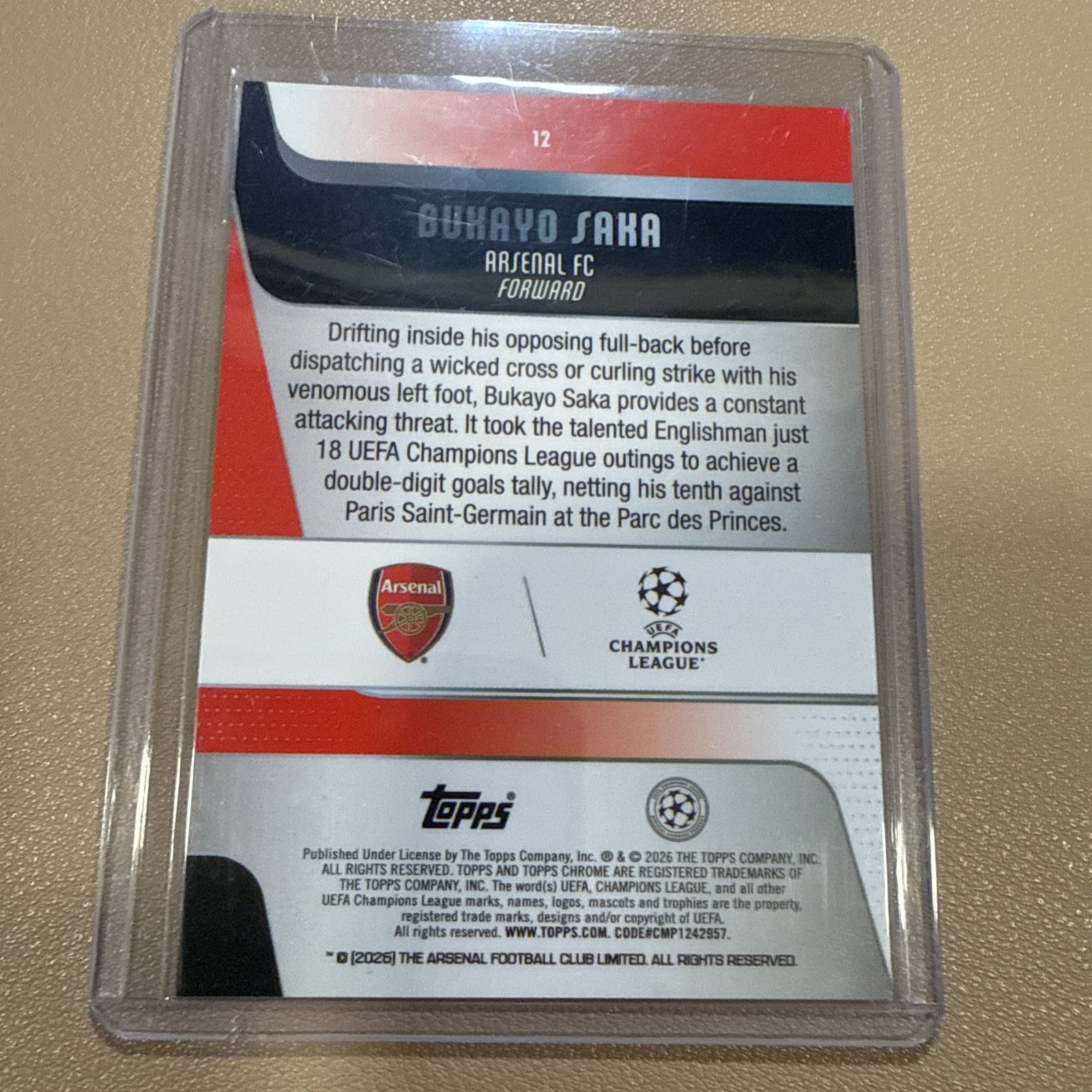 2025-26 Topps Chrome UEFA CC Bukayo Saka Orange Geometric Refractor #/25 Arsenal view 2