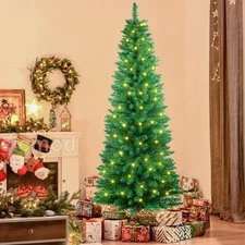 Artificial Slim Pencil Christmas Tree with Led Lights Metal Stand Xmas Holiday