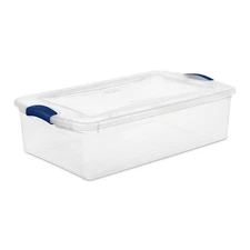 Sterilite 32 Quart Latch Box, Clear Plastic Storage Bin with Lid, Blue Latch