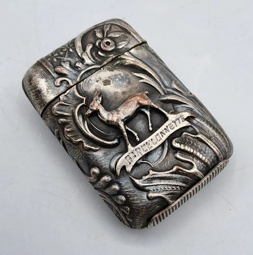 Pyrogen box silver metal deer decor souvenir Barcelona early 20th century