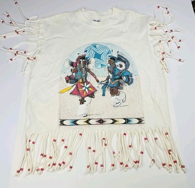 Vintage 90s Native American Dance T Shirt Fringe Beads Le Pays International L
