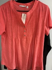 Notations Size L Coral Textured Button Front Blouse Short Sleeve NWT Ladies 