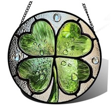 Stained Glass Window Hanging 4 Leaf Clover Sun Catcher 6.3x6.3 IN Green Silver