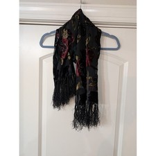 Silk sheer Black Floral Velvet Burnout Scarf Shawl Burgundy Gold Tassels