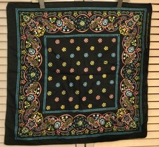 Vintage Navy Blue Bandana Scarf Square 100 Cotton Floral Yellow Coral Teal
