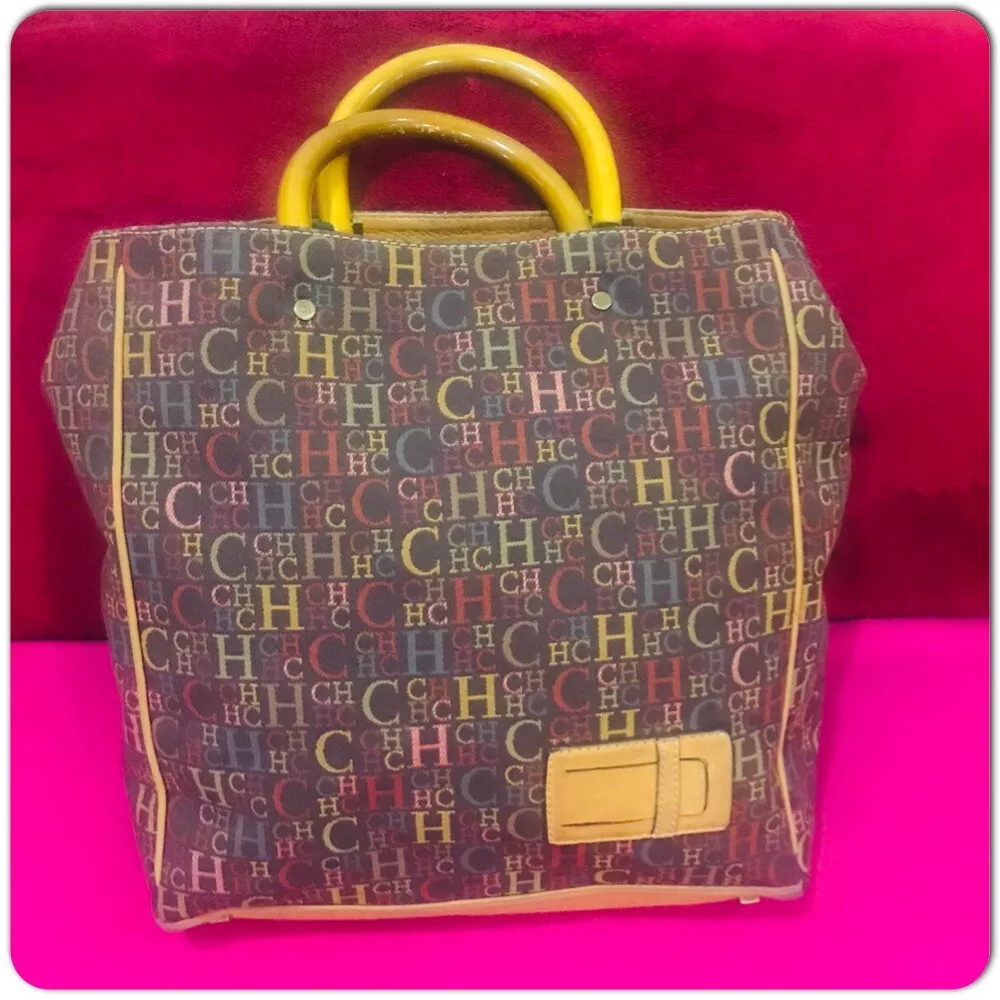 Carolina Herrera Ch Lona Shopper Bolso Multicolor Canvas with wooden Handel  Rare