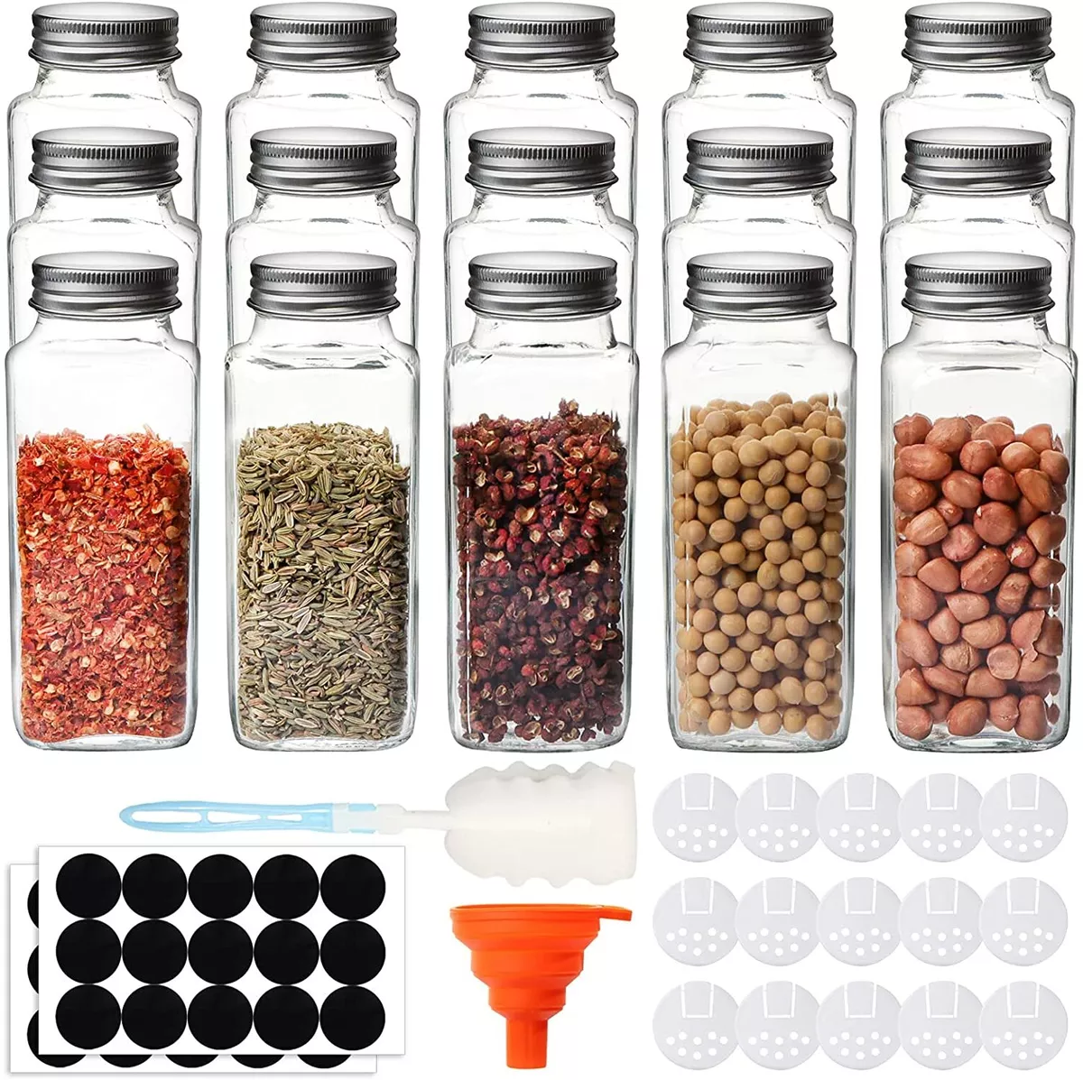 15 Pack 8 OZ Glass Spice Jars, Empty Square Spice Bottles with Shaker Lids