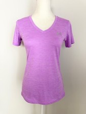 Under Armour Womens Activewear Shirt Size S Purple V Neck Short Sleeves Logo