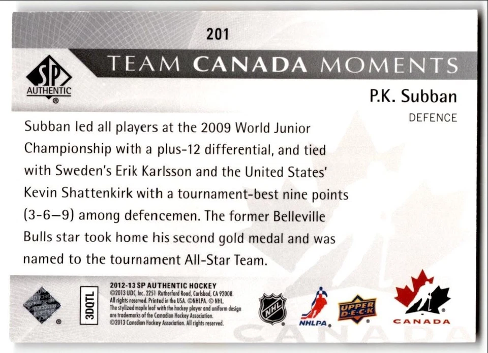 2012-13 SP Authentic Moments P.K. Subban #201 Canada - Image 2 of 2