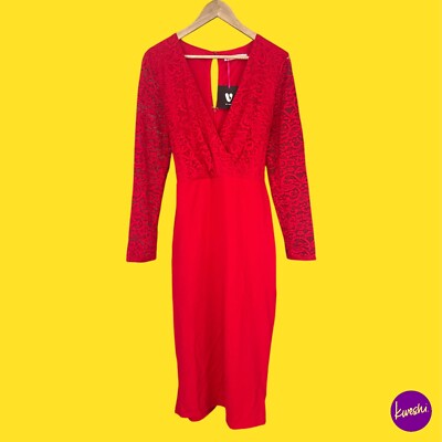 V BY VERY Damen Scuba Spitze Bleistiftkleid, Tie Back, V-Ausschnitt, rot, UK 14
