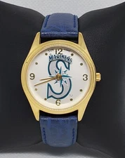 Unisex Sun Time Seattle Mariners Rotating Gold Tone Blue Leather Strap Watch D3