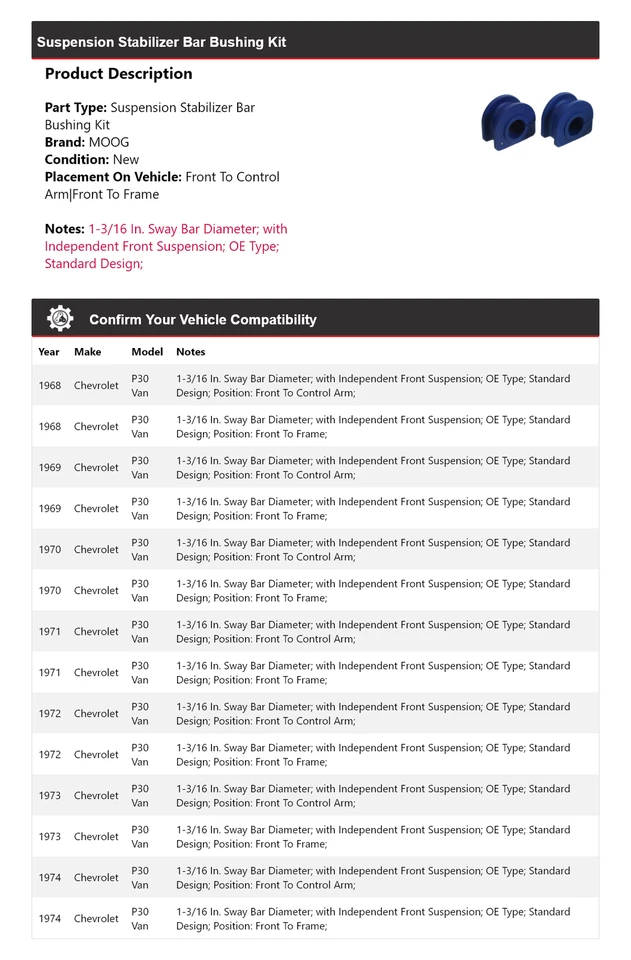 Kit de buje de barra estabilizadora de suspensión para camioneta Chevrolet P30 1968-1974 MOOG 1968 Foto 2 de 4