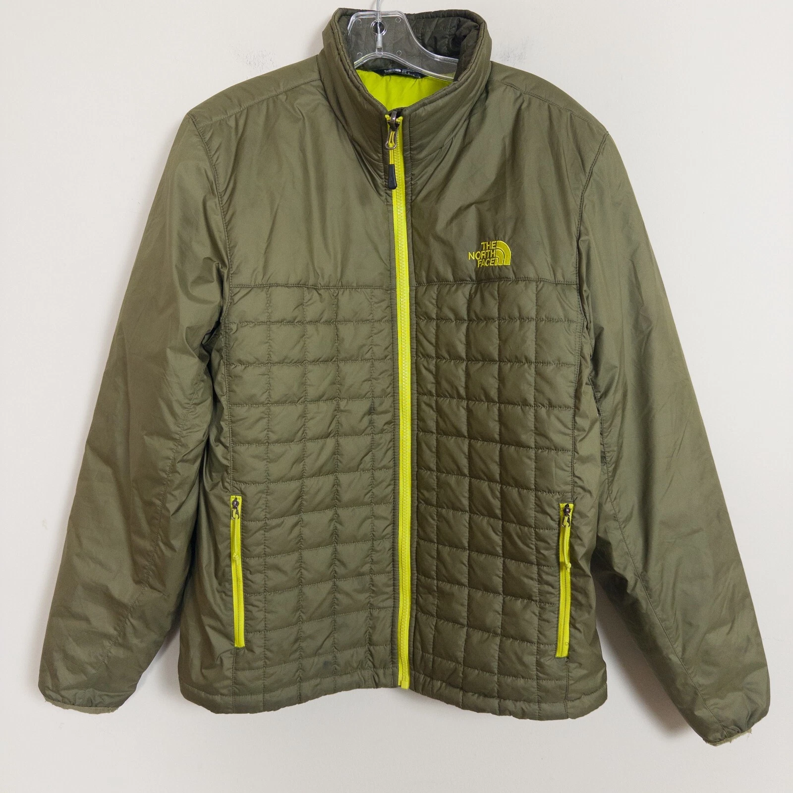 North Face Brecon Jacket Mens Small Olive Full Zip Quilted Puffer Discolored