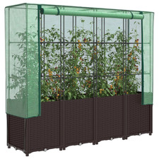 Raised Bed Brown PP Rattan Look with Green PE Cover 160x40x153 cm w/Iron Frames