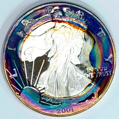2001-W GEM Proof  Silver Eagle Deep Cameo Monster Rainbow Color Toned