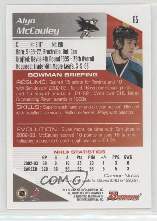 2003-04 Bowman Draft Picks Alyn McCauley #65 - Image 2 of 2