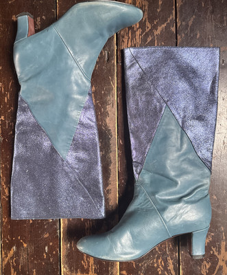 VTG 70s Blue Leather GLITTER Mid Length DISCO STUDIO 54