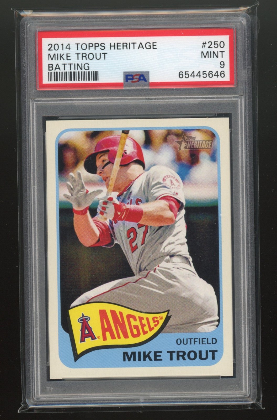 2014 TOPPS HERITAGE #250 MIKE TROUT SP ACTION VARIATION BATTING PSA 9 MINT