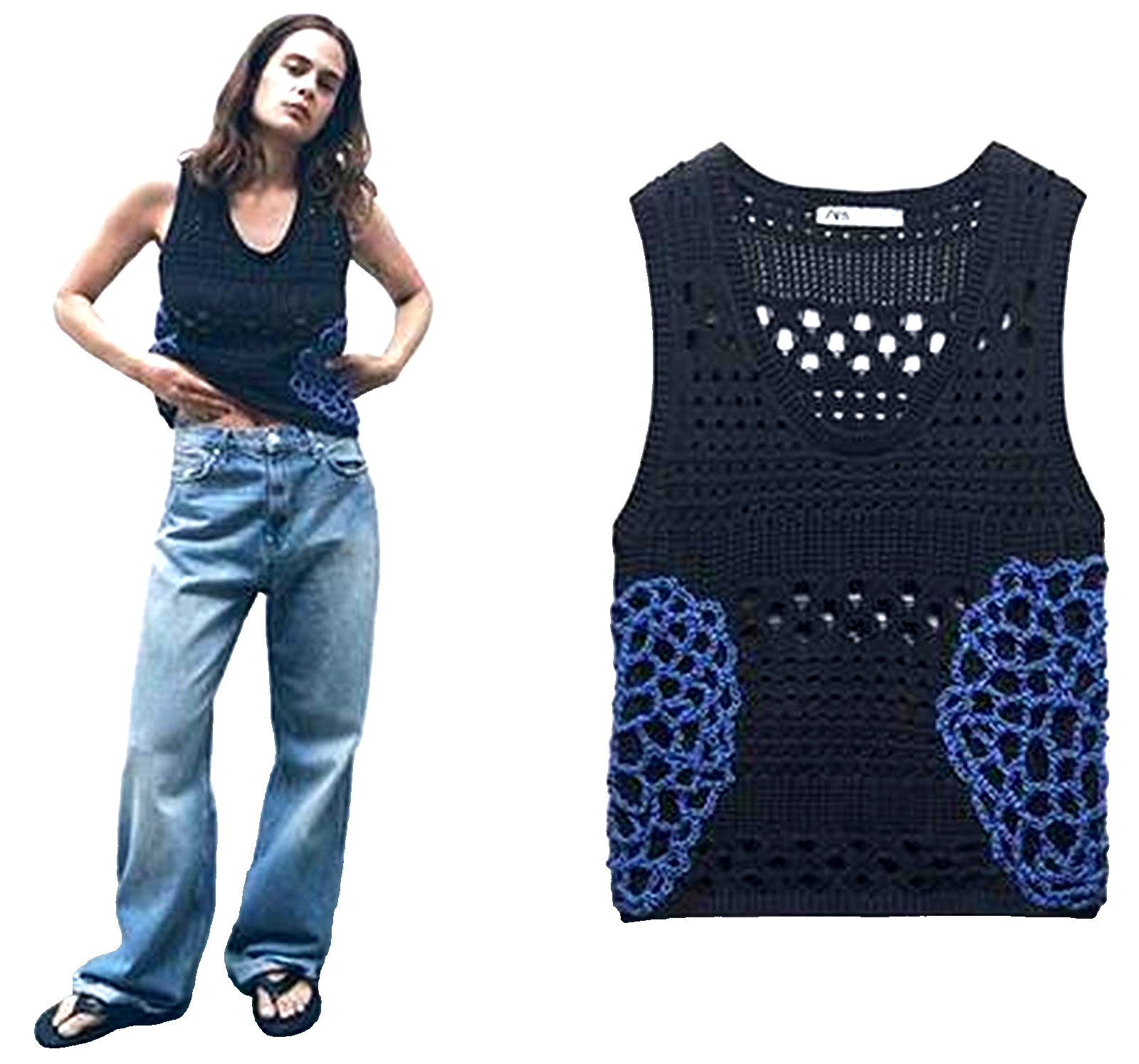 Zara Crochet Knit Sleeveless Tank Top Vest - Size M, Openwork Design image 6