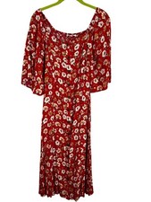 Retro Floral Milkmaid Maxi M Dress Red Cottage Boho Indie Folk Country Farm Arts