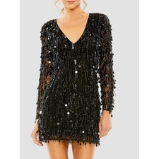 Mac Duggal Sheer Sleeve Fringes Cocktail Dress Black Size 2 NWT