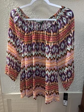 Daisy Fuentes 3/4 Sleeve Multicolor Peasant Blouse Top Tunic Sheer Womens XL NWT