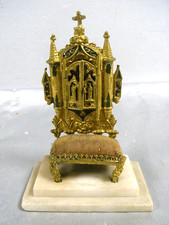 🇫🇷  ANCIEN RELIQUAIRE CHAPELLE GOTHIQUE BRONZE SOCLE MARBRE SIEGE