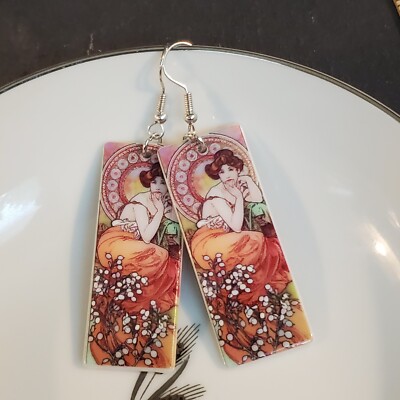 Art Nouveau Alfonse Mucha Painting Lucite Acrylic Rectangle Pendant Earrings