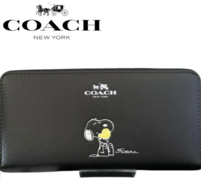 COACH x PEANUTS Long Wallet Snoopy Woodstock Leder Reißverschluss Schwarz Neu