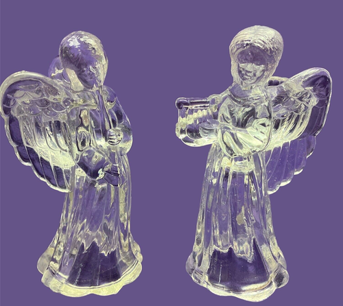 Glass Angel Candlestick Holders with Lyre / Horn ~ Set of 2 ~ For Taper Candles