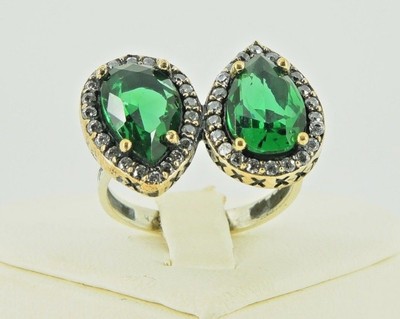 925 Sterling Silber Ring Birnenschliff Smaragd Osmanischer Sultan Tropfen grün