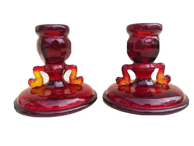Pair (2) of Fenton Amberina Ruby Red Dolphin Candle Sticks Candle Holders 