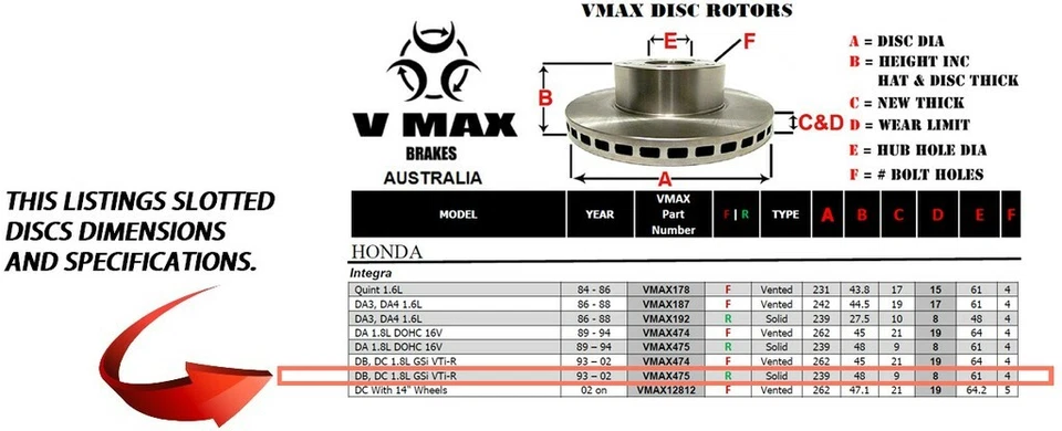 R SLOT fits HONDA Integra DB DC 1.8L GSi VTi-R 1993-2002 REAR Disc Rotors & PADS - image 2 of 4
