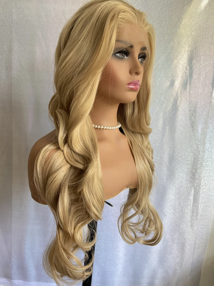 Peruca longa ondulada frente de renda mistura de cabelo humano calor ok mistura loira 27/613 feminina macia  - Imagem 4 de 4