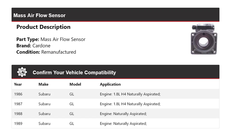 For 1986-1989 Subaru GL Mass Air Flow Sensor Cardone 1987 1988 - Image 2 of 4