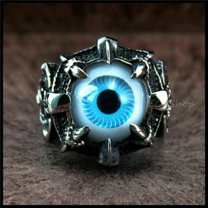 Super Cool Stainless Steel Dragon Claw Blue Evil Eye Skull Biker Ring